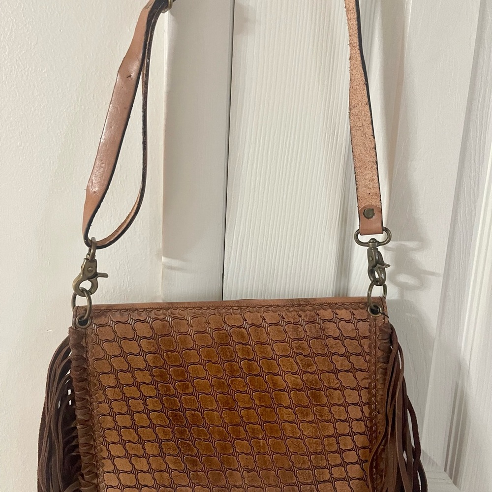 Turquoise Floral Tooled Brown Leather Fringe Crossbody Bag - Picture 3 of 3